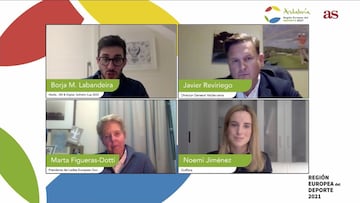 Borja M. Labandeira, Javier Reviriego, Marta Figueras-Dotti y Noemí Jiménez, durante la cuarta mesa del Foro Andalucía, Región Europea del Deporte 2021, en el que analizaron el auge del golf en España y en Andalucía.