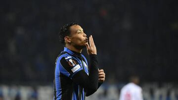 BERGAMO, ITALY, MARCH 10:
Luis Muriel, of Atalanta, celebrates after scoring his second goal during the Europa League round of 16 first leg football match between Atalanta and Bayer 04 Leverkusen at the Atalanta Stadium in Bergamo, Italy, on March 10, 2022. (Photo by Isabella Bonotto/Anadolu Agency via Getty Images)