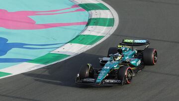 Aston Martin's Spanish driver Fernando Alonso drives during the third practice session of the Saudi Arabian Formula One Grand Prix at the Jeddah Corniche Circuit in Jeddah on March 8, 2024. (Photo by Giuseppe CACACE / AFP)