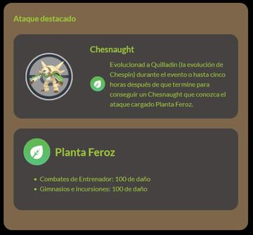 Si evolucionamos un Quilladin a Chesnaught en el D&iacute;a de la Comunidad de enero de 2023 en Pok&eacute;mon GO, este aprender&aacute; Planta Feroz como Ataque Cargado