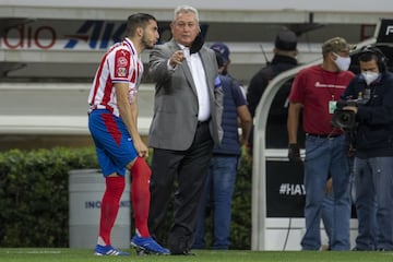 (L-R) Alejandro Manuel Mayorga and Victor Manuel Vucetich Head Coach of Guadalajara during the game Guadalajara vs America, corresponding to Eleventh round match and Edition 240 of the National Classic of the Torneo Guard1anes Clausura 2021 of the Liga BBVA MX, at the Akron Stadium, on March 14, 2021.
<br><br>
(I-D) Alejandro Manuel Mayorga y Victor Manuel Vucetich Director Tecnico de Guadalajara durante el partido Guadalajara vs America, correspondiente a la Jornada 11 y Edicion 240 del Clasico Nacional del Torneo Clausura Guard1anes 2021 de la Liga BBVA MX, en el Estadio Akron, el 14 de Marzo de 2021.