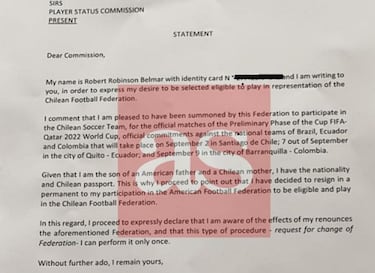 “Elijo a Chile”: la carta a la FIFA que deja al descubierto el deseo de Robinson