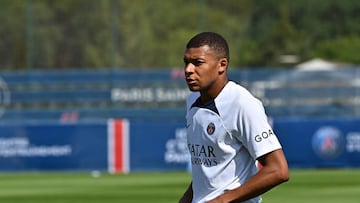 PARIS, FRANCE - JULY 27: Kylian Mbappe looks on during the training of Paris Saint-Germain on July 27, 2022 in Paris, France. (Photo by Aurelien Meunier - PSG/PSG via Getty Images)