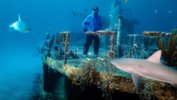 Kevin Rolland esquiando entre tiburones