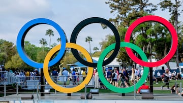 Ponte Vedra Beach (United States), 16/03/2024.- The Olympic Rings logo, promoting the Paris 2024 Summer Olympic Games, are on display in the fan experience area during the third round of The Players Championship golf tournament at TPC Sawgrass in Ponte Vedra Beach, Florida, USA, 16 March 2024. EFE/EPA/ERIK S. LESSER
