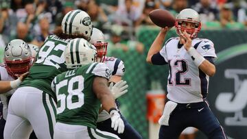 EAST RUTHERFORD, NJ - OCTOBER 15: Quarterback Tom Brady #12 of the New England Patriots looks to pass against the New York Jets during the second quarter of their game at MetLife Stadium on October 15, 2017 in East Rutherford, New Jersey. The New England Patriots won 24-17.   Abbie Parr/Getty Images/AFP
 == FOR NEWSPAPERS, INTERNET, TELCOS &amp; TELEVISION USE ONLY ==