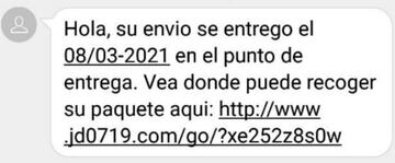 El mensaje por SMS que anticipa el env&iacute;o de Cabassous