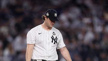 NEW YORK, NEW YORK - OCTOBER 30: Gerrit Cole #45 of the New York Yankees reacts after giving up a walk during the seventh inning of Game Five of the 2024 World Series against the Los Angeles Dodgers at Yankee Stadium on October 30, 2024 in the Bronx borough of New York City. Elsa/Getty Images/AFP (Photo by ELSA / GETTY IMAGES NORTH AMERICA / Getty Images via AFP)