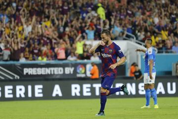 MIAMI, FLORIDA - AUGUST 07: Ivan Rakitic #4 of FC Barcelona celebrates after scoring the second goal of his team against SSC Napoli during the second half of a pre-season friendly match at Hard Rock Stadium on August 07, 2019 in Miami, Florida.  