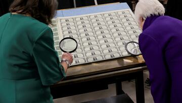 Treasury Secretary Janet Yellen stands next Treasury Chief Lynn Malerba as she presides over the unveiling of the first US banknotes printed with two women's signatures.