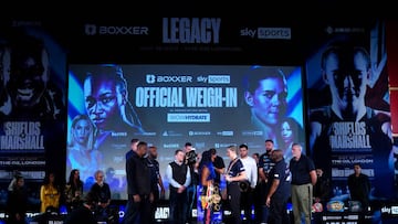 Claressa Shields (left) and Savannah Marshall during the weigh-in at the Genesis Cinema, London. Picture date: Friday October 14, 2022. (Photo by John Walton/PA Images via Getty Images)