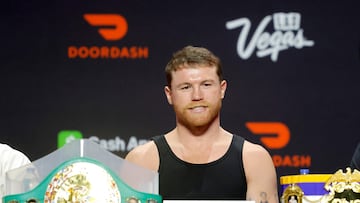 LAS VEGAS, NEVADA - SEPTEMBER 11: Undisputed super middleweight champion Canelo Alvarez attends a news conference at T-Mobile Arena on September 11, 2025 in Las Vegas, Nevada. Alvarez is scheduled to defend his titles against Terence Crawford on�September 13, 2025, at Allegiant Stadium in Las Vegas. Steve Marcus/Getty Images/AFP (Photo by Steve Marcus / GETTY IMAGES NORTH AMERICA / Getty Images via AFP)