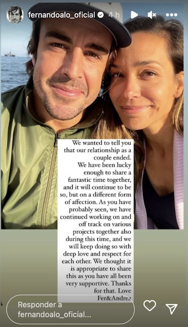 Fernando Alonso confirma su ruptura con Andrea Schlager
