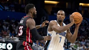 ORLANDO, FL - OCTOBER 26: Serge Ibaka #7 of the Orlando Magic is guarded by Willie Reed #35 of the Miami Heat on opening night on October 26, 2016 at Amway Center in Orlando, Florida. NOTE TO USER: User expressly acknowledges and agrees that, by downloading and or using this photograph, User is consenting to the terms and conditions of the Getty Images License Agreement.   Manuela Davies/Getty Images/AFP
 == FOR NEWSPAPERS, INTERNET, TELCOS &amp; TELEVISION USE ONLY ==