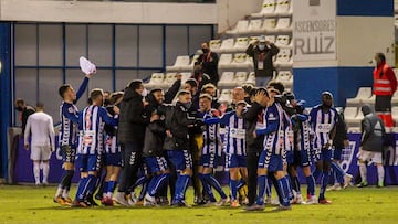 Players of Alcoyano celebrate the victory after the spanish cup, Copa del Rey football match played between CD Alcoyano and Real Madrid at El Collao stadium on January 20, 2021 in Alcoy, Alicante, Spain.
AFP7
20/01/2021 ONLY FOR USE IN SPAIN