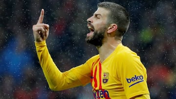 Gerard Pique celebra un gol del Bar&ccedil;a en el Wanda Metropolitano.