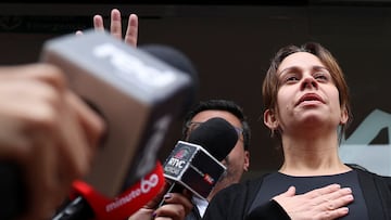 Maria Claudia Tarazona, wife of Colombian Senator Miguel Uribe Turbay of the opposition Democratic Center party, speaks to the media after he was shot during a campaign event, in Bogota, Colombia, June 8, 2025. REUTERS/Luisa Gonzalez