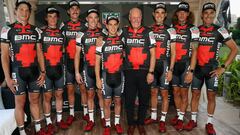DOHA, QATAR - OCTOBER 08:  Jean-Claude Biver, TAG Heuer CEO poses with riders from the BMC Racing team during a press conference to announce Tag Heuer as a new sponsor of the BMC Cycling team ahead of the UCI Road World Championhips on October 8, 2016 in Doha, Qatar.  (Photo by Bryn Lennon/Getty Images for Tag Heuer)