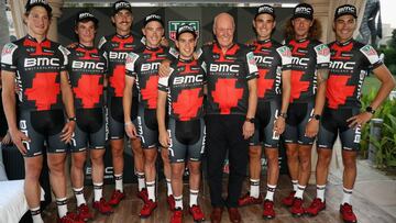 DOHA, QATAR - OCTOBER 08:  Jean-Claude Biver, TAG Heuer CEO poses with riders from the BMC Racing team during a press conference to announce Tag Heuer as a new sponsor of the BMC Cycling team ahead of the UCI Road World Championhips on October 8, 2016 in Doha, Qatar.  (Photo by Bryn Lennon/Getty Images for Tag Heuer)