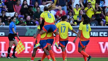 La Selección Colombia Femenina celebra su gol ante México en Orlando.