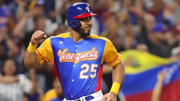 MIAMI, FLORIDA - MARCH 14: Anthony Santander #25 of Team Venezuela celebrates after scoring a run against Team Nicaragua during the fourth inning in a World Baseball Classic Pool D game at loanDepot park on March 14, 2023 in Miami, Florida. Megan Briggs/Getty Images/AFP (Photo by Megan Briggs / GETTY IMAGES NORTH AMERICA / Getty Images via AFP)