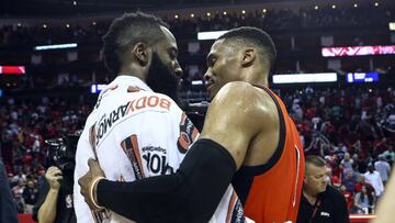 Mar 26, 2017; Houston, TX, USA; Houston Rockets guard James Harden (13) and Oklahoma City Thunder guard Russell Westbrook (0) shake hands after a game at Toyota Center. Mandatory Credit: Troy Taormina-USA TODAY Sports