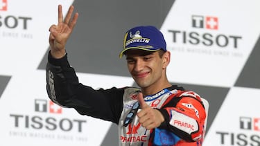 Pramac Racing's Spanish rider Jorge Martin celebrates his third place finish during the Moto GP Grand Prix of Doha at the Losail International Circuit, in the city of Lusail on April 4, 2021. (Photo by KARIM JAAFAR / AFP)