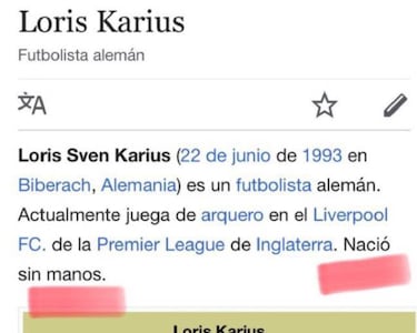 Karius sucede a Ulreich en Wikipedia: "Portero sin manos"