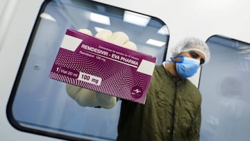 FILE PHOTO: A lab technicians shows the coronavirus disease (COVID-19) treatment drug &quot;Remdesivir&quot; at Eva Pharma Facility in Cairo, Egypt June 25, 2020. REUTERS/Amr Abdallah Dalsh/File Photo