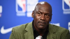 (FILES) In this file photo taken on January 24, 2020 former NBA star and owner of Charlotte Hornets team Michael Jordan looks on as he addresses a press conference ahead of the NBA basketball match between Milwaukee Bucks and Charlotte Hornets at The AccorHotels Arena in Paris. - Michael Jordan said June 5, 2020, he is making a record $100 million donation to groups fighting for racial equality and social justice amid a wave of protests across the United States. (Photo by FRANCK FIFE / AFP)