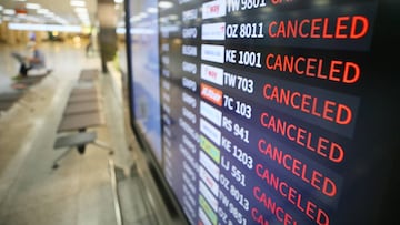 26 August 2020, South Korea, Jeju-si: A general view of the departure and arrival board which shows that all flights are cancelled at Jeju International Airport due to the approaching of Typhoon Bavi. Photo: -/YNA/dpa
26/08/2020 ONLY FOR USE IN SPAIN