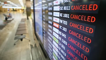 26 August 2020, South Korea, Jeju-si: A general view of the departure and arrival board which shows that all flights are cancelled at Jeju International Airport due to the approaching of Typhoon Bavi. Photo: -/YNA/dpa
 
 
 26/08/2020 ONLY FOR USE IN SPAIN