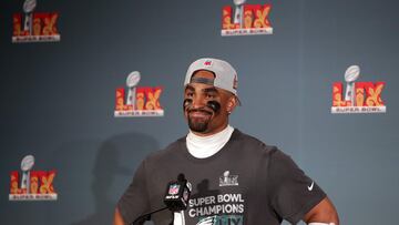 NEW ORLEANS, LOUISIANA - FEBRUARY 09: Jalen Hurts #1 of the Philadelphia Eagles speaks to the media during a press conference after beating the Kansas City Chiefs 40-22 to win Super Bowl LIX at Caesars Superdome on February 09, 2025 in New Orleans, Louisiana. Marianna Massey/Getty Images/AFP (Photo by Marianna Massey / GETTY IMAGES NORTH AMERICA / Getty Images via AFP)