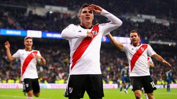 MADRID, SPAIN - DECEMBER 09:  Juan Fernando Quintero of River Plate celebrates after scoring his sides second goal during the second leg of the final match of Copa CONMEBOL Libertadores 2018 between Boca Juniors and River Plate at Estadio Santiago Bernabeu on December 9, 2018 in Madrid, Spain. Due to the violent episodes of November 24th at River Plate stadium, CONMEBOL rescheduled the game and moved it out of Americas for the first time in history.  (Photo by Chris Brunskill/Fantasista/Getty Images)