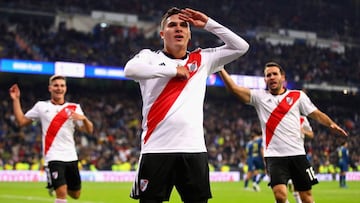 MADRID, SPAIN - DECEMBER 09: Juan Fernando Quintero of River Plate celebrates after scoring his sides second goal during the second leg of the final match of Copa CONMEBOL Libertadores 2018 between Boca Juniors and River Plate at Estadio Santiago Bernabeu on December 9, 2018 in Madrid, Spain. Due to the violent episodes of November 24th at River Plate stadium, CONMEBOL rescheduled the game and moved it out of Americas for the first time in history. (Photo by Chris Brunskill/Fantasista/Getty Images)