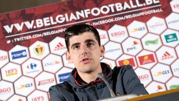 Belgium&#039;s goalkeeper Thibaut Courtois holds a press conference in Brussels on March 25, 2016 ahead of a friendly football match against Portugal.
 