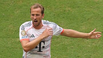 MIAMI GARDENS, FLORIDA - JUNE 29: Harry Kane #9 of FC Bayern Munchen reacts during the FIFA Club World Cup 2025 round of 16 match between CR Flamengo and FC Bayern M�nchen at Hard Rock Stadium on June 29, 2025 in Miami Gardens, Florida. Francois Nel/Getty Images/AFP (Photo by Francois Nel / GETTY IMAGES NORTH AMERICA / Getty Images via AFP)