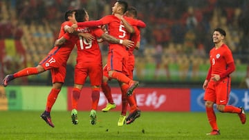 NANNING, CHINA - JANUARY 11:  Players of Chile celebrate during the semi-final match of 2017 Gree China Cup International Football Championship between Croatia and Chile at Guangxi Sports Center on January 11, 2017 in Nanning, Guangxi Zhuang Autonomous Region of China.  (Photo by VCG/VCG via Getty Images)