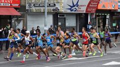 (FILES) This file photo taken on November 1, 2015 shows the Men&#039;s elite runners race in the 2015 TCS New York City Marathon in New York.    
 Globe-trotting marathon runners have lots of races to choose from, but New York&#039;s version is a cash cow fueled by the lure of an all- around experience like no other.The world&#039;s most famous marathon dates back to 1970 and then featured just 127 people running around Central Park. But now it is a money-generating behemoth. More than 260,000 tourists are expected, with total revenue of around $415 million from an event that over the years has become one of the Big Apple&#039;s top draws for visitors.
  / AFP PHOTO / DON EMMERT