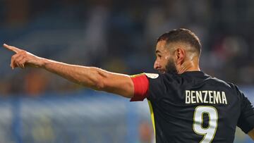 Ittihad's French forward #09 Karim Benzema reacts after scoring his team's first goal during the Saudi Pro League football match between Al-Ittihad and Al-Riyadh at the Prince Faisal Bin Fahd stadium in Riyadh on August 24, 2023. (Photo by Fayez NURELDINE / AFP)