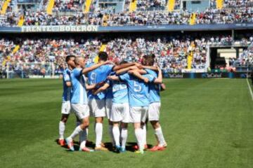 Celebración del 4-0 del Málaga. 