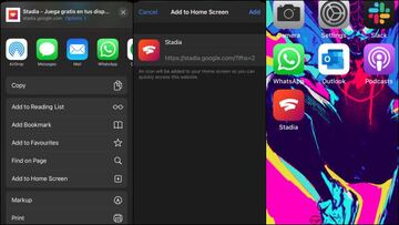 Acceso directo de Stadia desde Safari hasta el menú de inicio de iPhone o iPad.