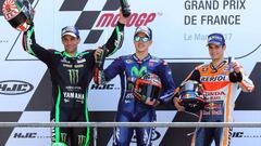 Johann Zarco, Maverick Vi&ntilde;ales y Dani Pedrosa en el podio del GP de Francia en Le Mans.