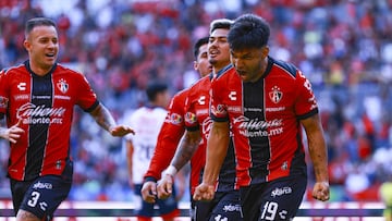 Eduardo Aguirre celebrates his goal 2-2 with Diego Gonzalez of Atlas during the 10th round match between Atlas and Atletico de San Luis as part of the Liga BBVA MX Varonil, Torneo Clausura 2026 at Jalisco Stadium, on February 21, 2026 in Guadalajara, Jalisco, Mexico.