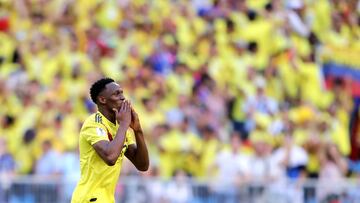 SAMARA, RUSSIA - JUNE 28:  Yerry Mina of Colombia celebrates after scoring his team&#039;s first goal during the 2018 FIFA World Cup Russia group H match between Senegal and Colombia at Samara Arena on June 28, 2018 in Samara, Russia.  (Photo by Simon Hof