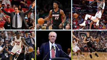 En la parte de arriba y de izquierda a derecha, Erik Spoelstra, Jimmy Butler y Bam Adebayo. En la parte de abajo y en el mismo orden, Kendrick Nunn, Pat Riley y Duncan Robinson