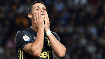 Juventus' Portuguese forward Cristiano Ronaldo reacts after missing a goal opportunity during the Italian Serie A football match Parma vs Juventus on September 1, 2018 at Ennio Tardini stadium in Parma. (Photo by Andreas SOLARO / AFP)