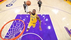 LOS ANGELES, CA - JANUARY 24:  LeBron James #6 of the Los Angeles Lakers drives to the basket during the game against the LA Clippers on January 24, 2023 at Crypto.Com Arena in Los Angeles, California. NOTE TO USER: User expressly acknowledges and agrees that, by downloading and/or using this Photograph, user is consenting to the terms and conditions of the Getty Images License Agreement. Mandatory Copyright Notice: Copyright 2023 NBAE (Photo by Adam Pantozzi/NBAE via Getty Images)