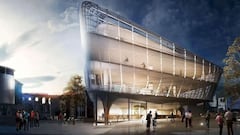 Recreaci&oacute;n 3D de la visi&oacute;n exterior de la fachada iluminada -de noche- del edificio de Folkestone 51 (F51), un skatepark de varios pisos conectados que se inaugurar&aacute; en Inglaterra (Reino Unido). 
