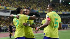 Soccer Football - World Cup - South American Qualifiers - Brazil v Bolivia - Estadio Mangueirao, Belem, Brazil - September 8, 2023 Brazil's Raphinha celebrates scoring their second goal with Neymar REUTERS/Ricardo Moraes